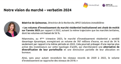 IMMOSTAT RESIDENTIEL T4 - Le résidentiel institutionnel en France - Bilan 2023 & Perspectives 2024